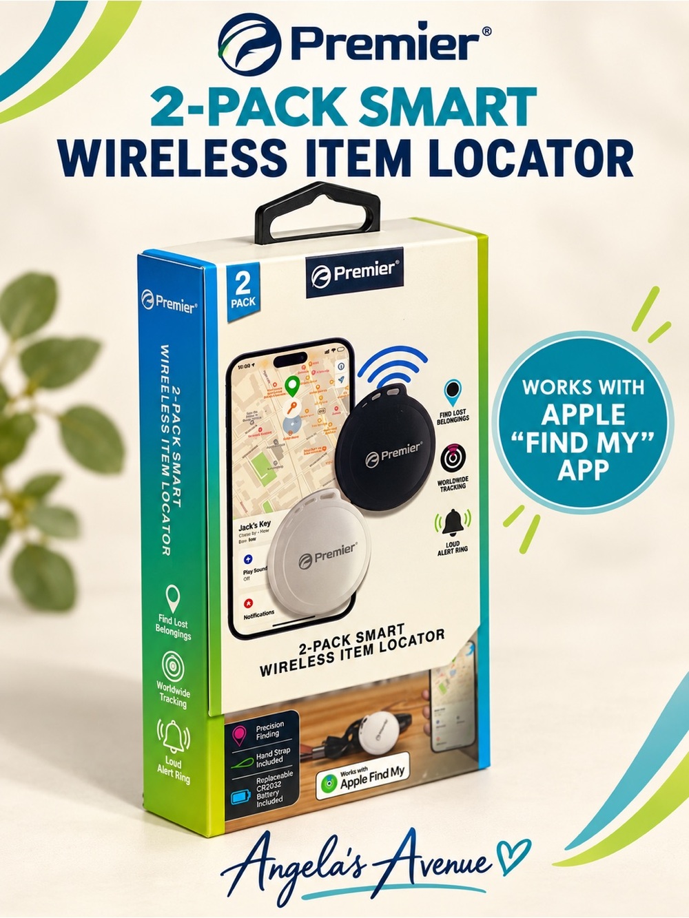 Premier 2-Pack Smart Wireless Item Locator - Black & White NEW